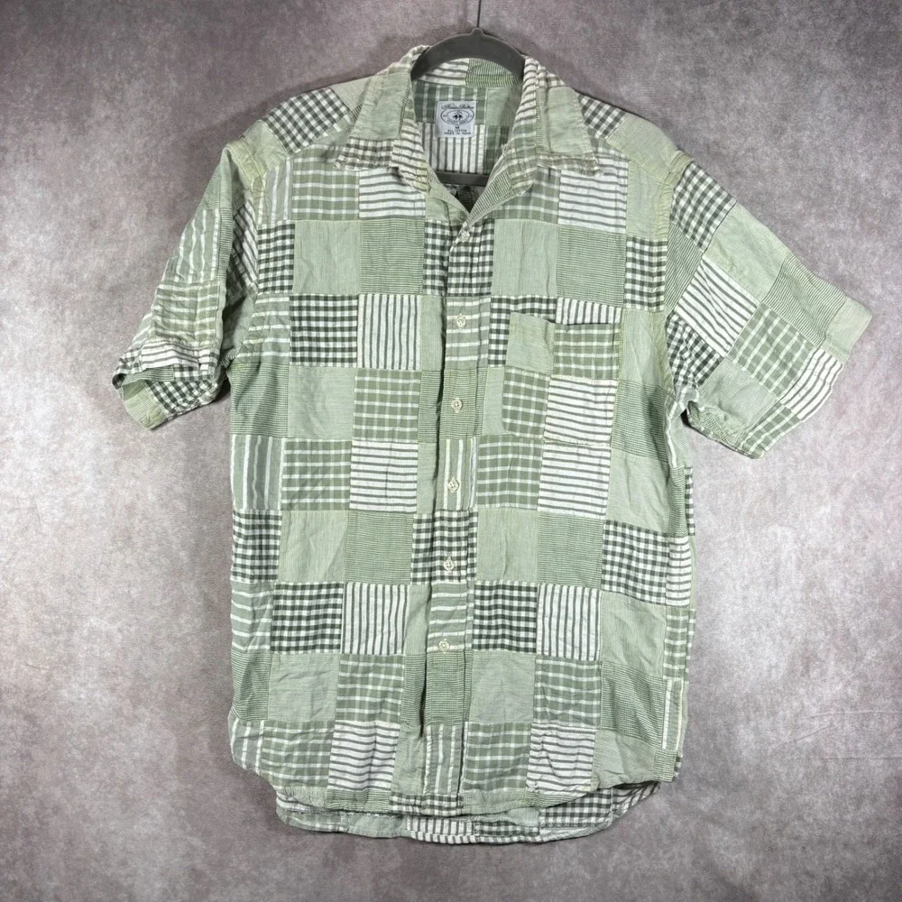 Brooks Brothers Sport Shirt Mens M Green Patchwork Button Up Short Sleeve Cotton